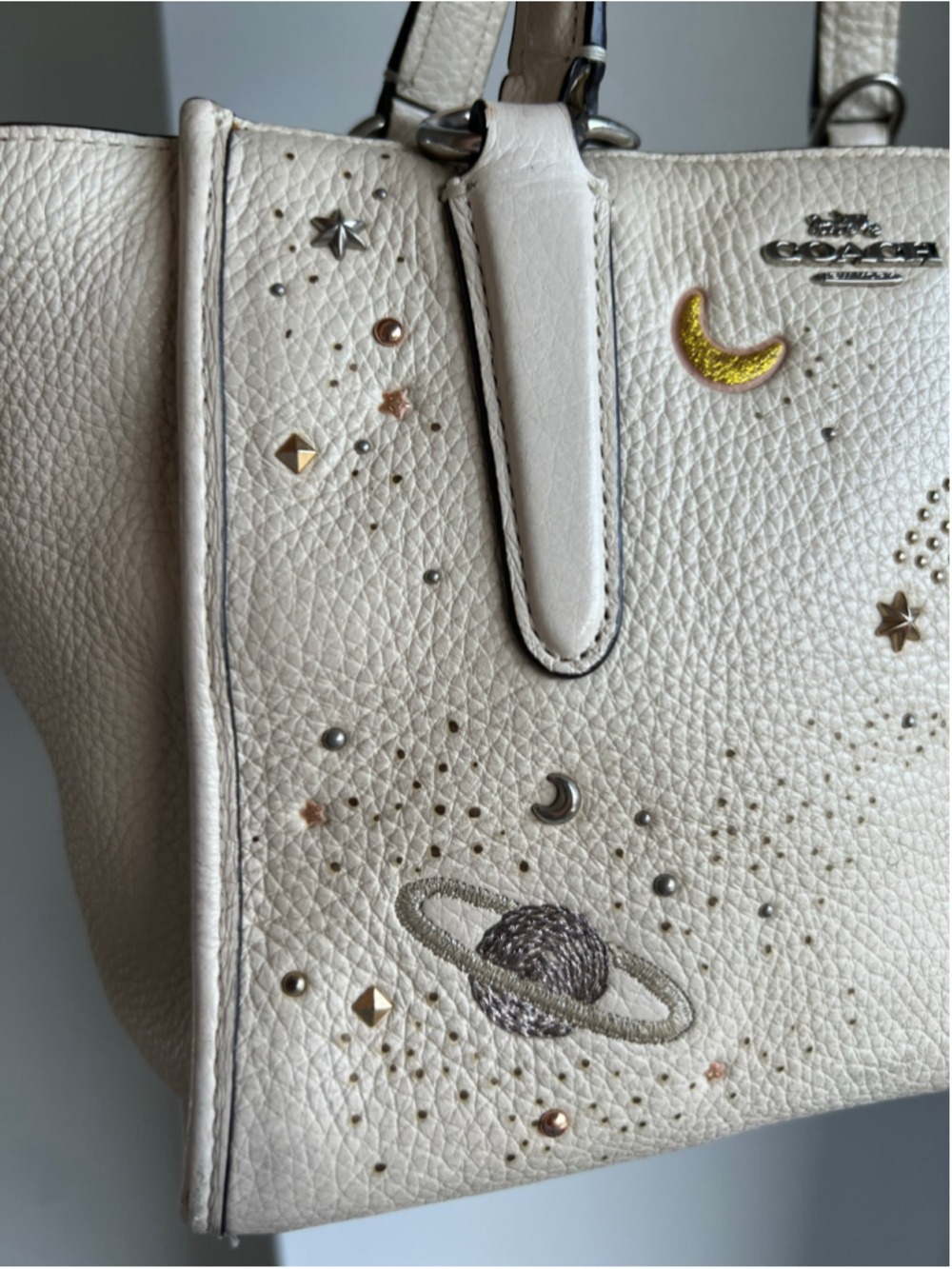 RARE Coach NASA Crosby Satchel Chalk Leather Space Planet Embroidery Stars Asia - Picture 3 of 16